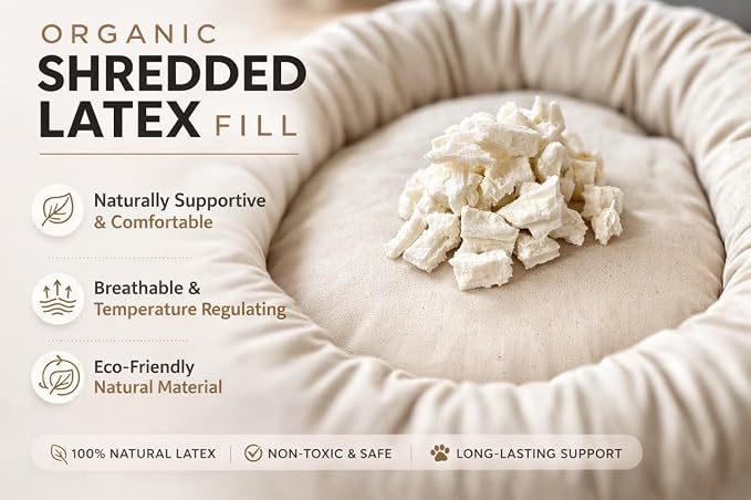 Round Dog Bed – Natural Canvas, Removable Washable Cover, Raw Cotton or Latex Fill, Hypoallergenic Non-Toxic, Made in USA (Natural, Medium, Soft Comfort – Organic Latex)