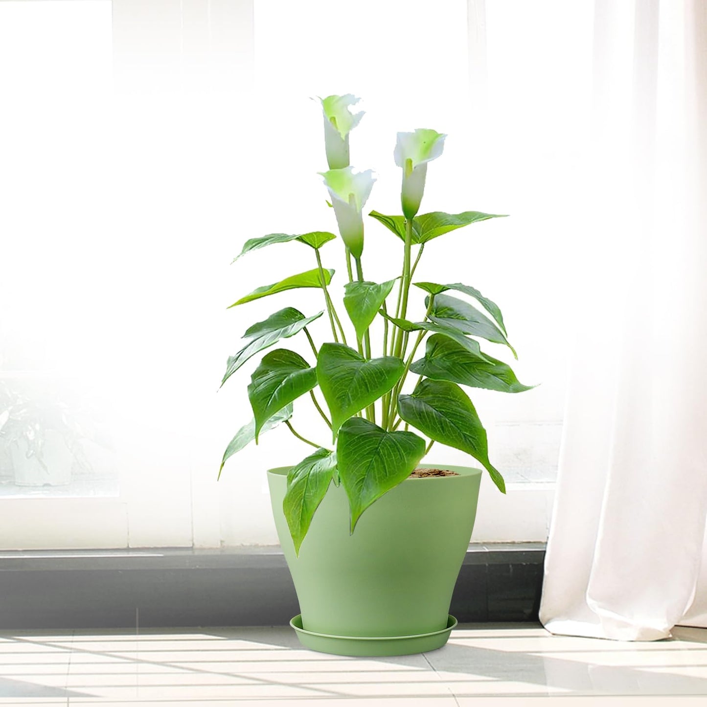 Meowell 6 inch Plastic Nursery Pots,16 Pack Plant Pots for Small Indoor Outdoor Plants, Flower Pots with Drainage Holes and Saucers, Decorative Seedling Starter Planters for House Plants, Green