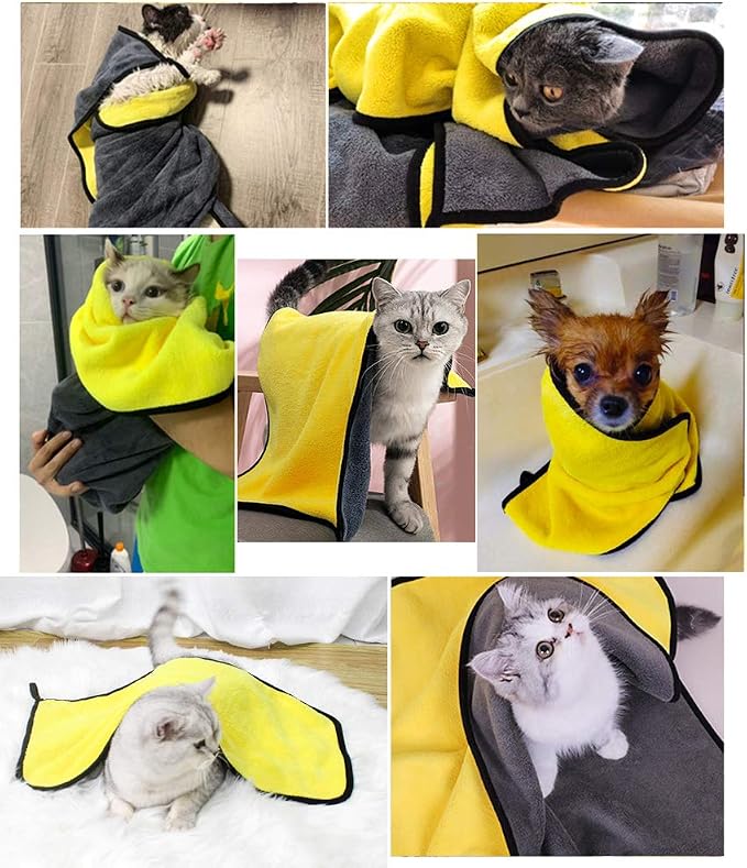Dog Bath Towel - Super Absorbent Microfiber Dog Towel for Small Dogs and Cats, Yellow & Grey 11.8" x 23.6"