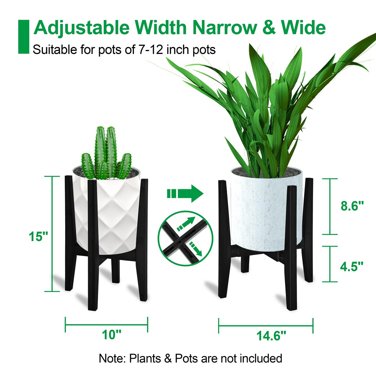 OERGKE Adjustable Plant Stand Indoor, Bamboo Mid Century Modern Plants Stands, Corner Flower Holder for Living Room, Fits 8 to 12 Inches Pots, (Pot & Plant Not Included)(Black, 1 Pack)