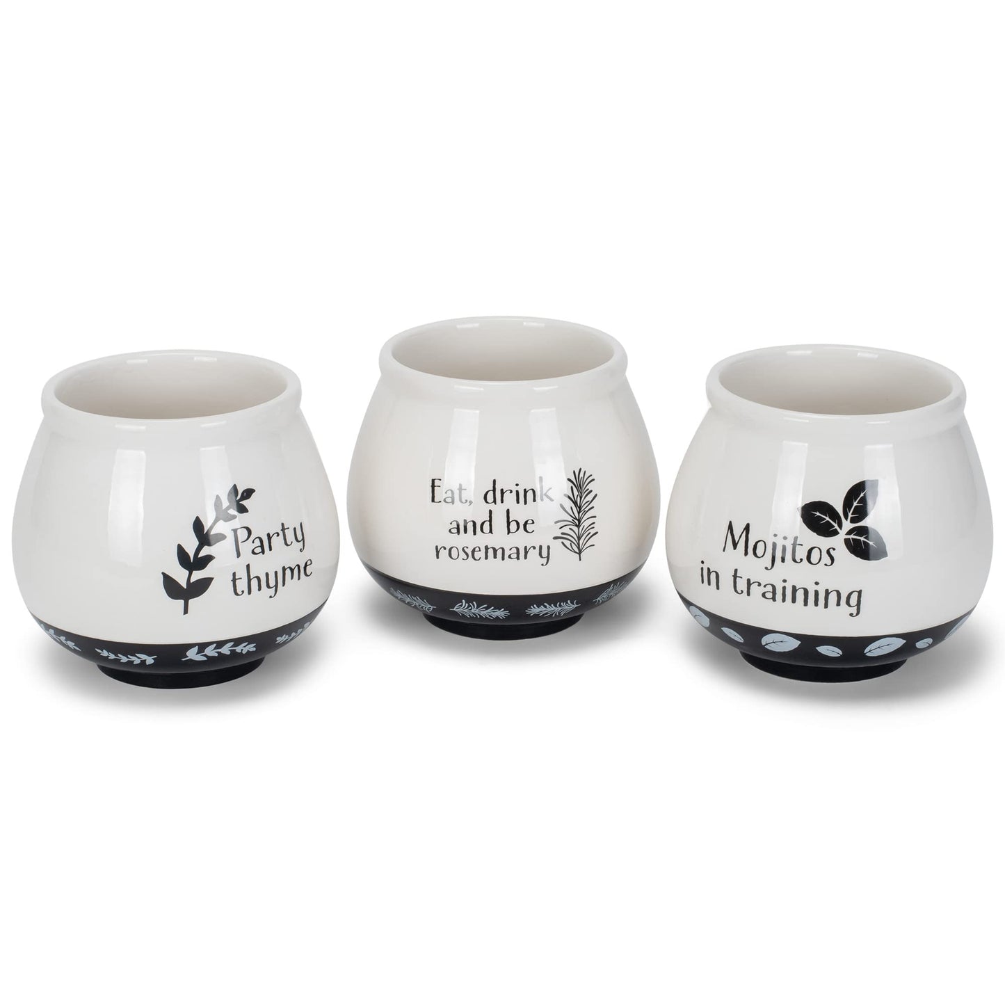 Napco Assorted Witty Herb Cache 3.5 Inch White and Black Ceramic Planters (Set of 3)