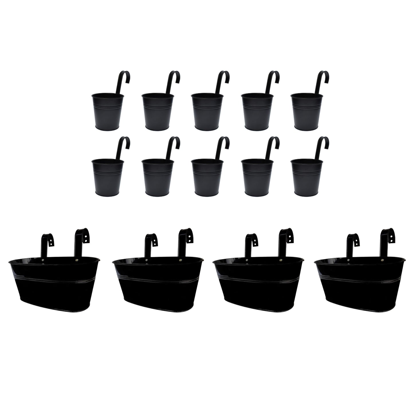 LaLaGreen Bundle - 10 Pack, 6 Inch Black + 4 Pack, 11.2 Inch Black Metal Pots,Large Iron Fence Bucket Plant Flower Herb Planter Box Balcony Rail Window Patio Porch Hook Decor Outdoor Farmhouse Design