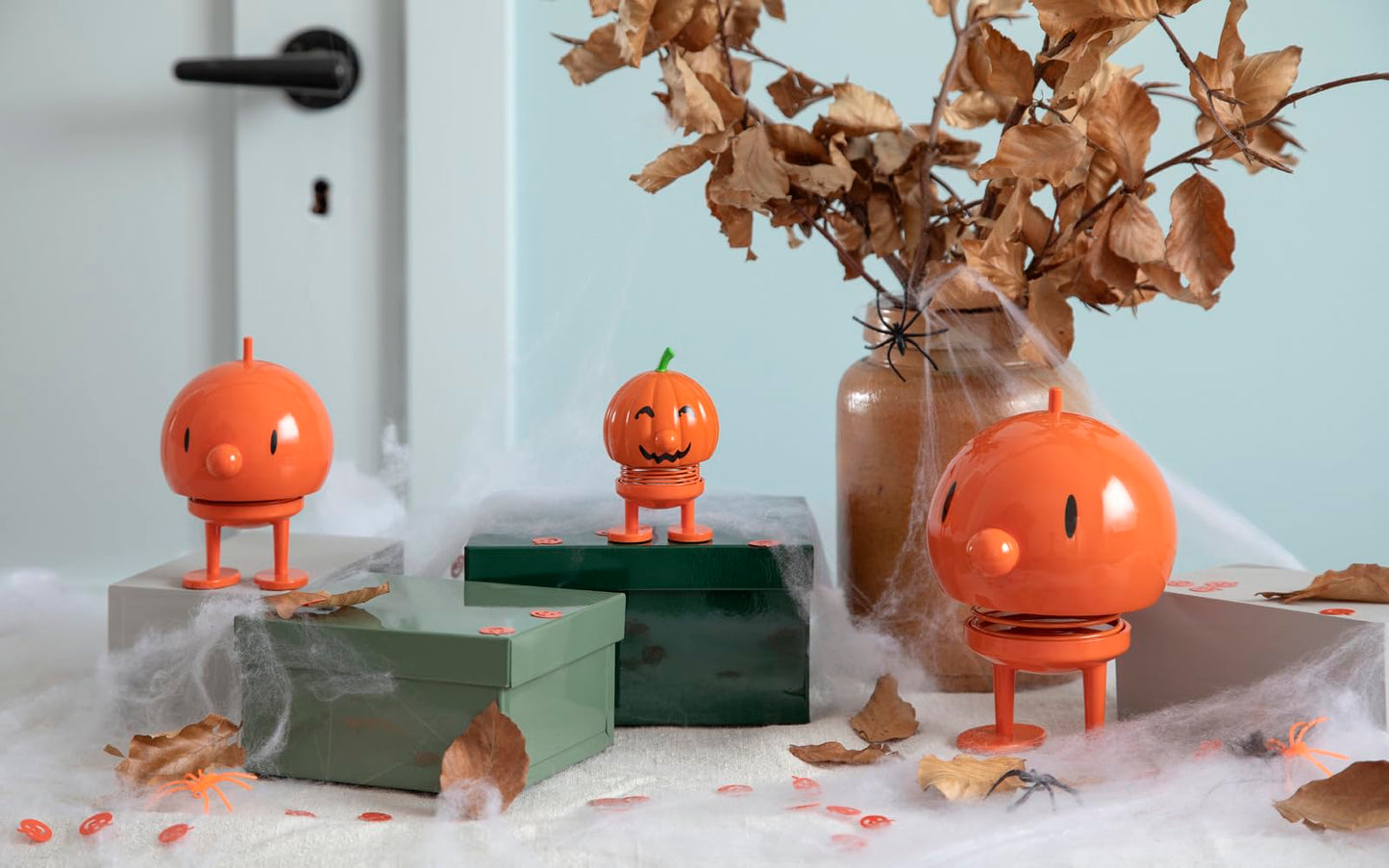 Hoptimist Pumpkin Bumble - Danish Design Home Decor Ornament - Plastic Figurine with a metal spring, Small - Creates Cheerful Movement - (Orange)