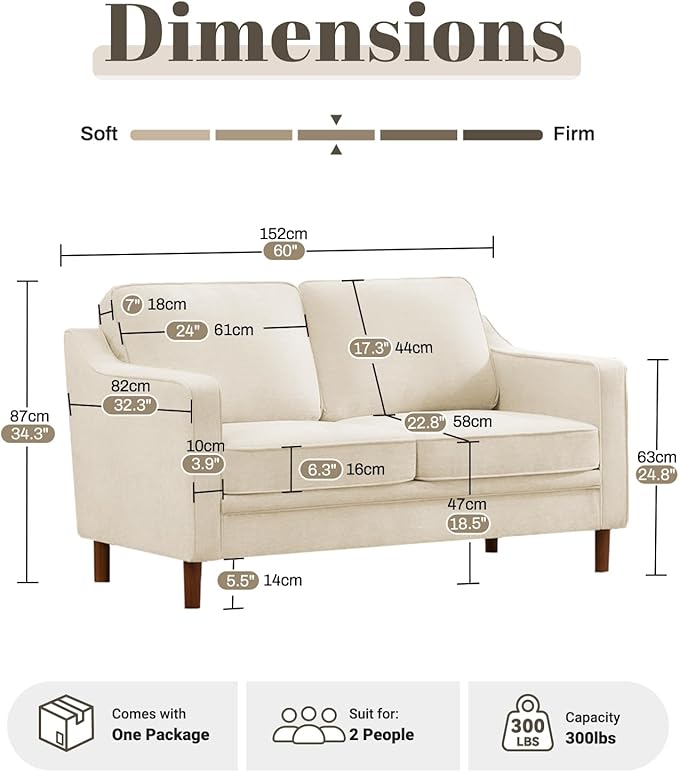 Kingfun 56" Chenille Sofa, Loveseat Couch, Mid Century Modern Love Seat Couches