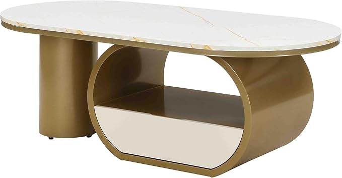 Modern Oval Coffee Table, 47.24" White Faux Marble Coffee Table