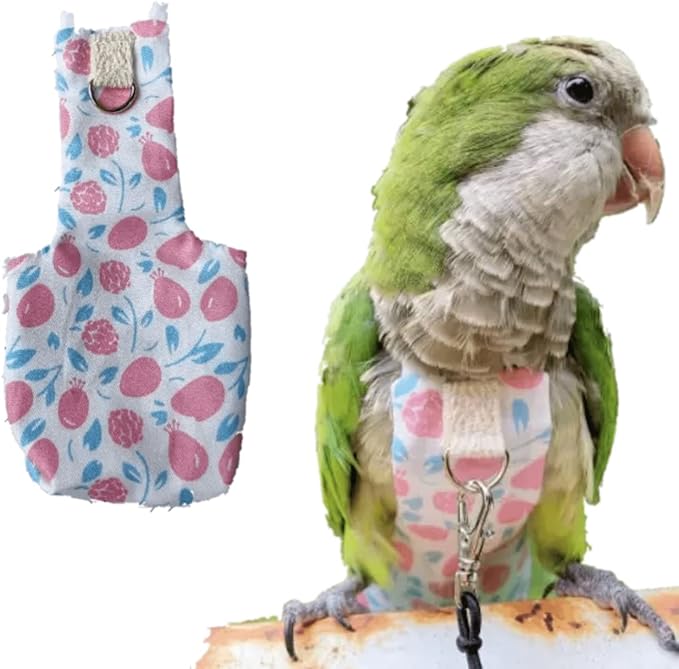 Bird Diaper Harness Flight Suit Clothes, Parrot Flight Suit with Leash, Bird Flying Clothes with Rope and Handle for Outdoor Activities Training (Pink Without Leash,Medium)