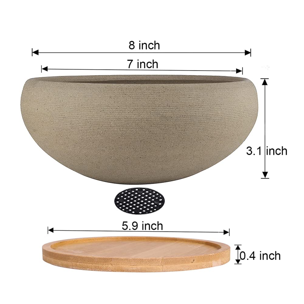 MUZHI Round Unglazed Ceramic Bonsai Pot with Bamboo Tray, Large Rough Pottery Succulent Planter with Drainage Hole 8 inch … (8”)
