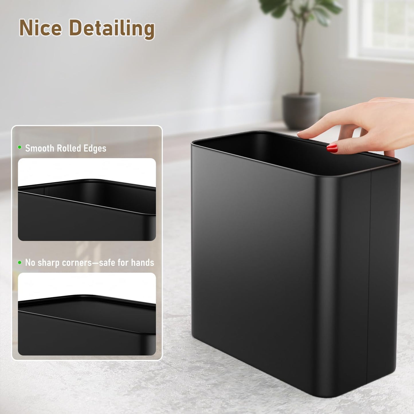 Veelesa Small Bathroom Trash Can 2.4 Gallon Wastebasket, Slim Metal Garbage Can Matte Black Stainless Steel Trash Bin for Bedroom,Office,Kitchen,Toilet, rv, Near Desk, Under Sink