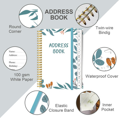 Address Book with Alphabetical Tabs - Small Address Book Spiral with Address Contacts, Special Date, Phone, Birthday & Internet Login Password for Home and Office, 4.3" x 6.2", Teal Leaf