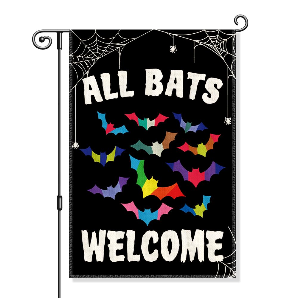 Gkodw All Bats Welcome Garden Flag, Funny Equality Inclusive Yard Sign for Outside, LGBT Trans Pride Ally Flag, Halloween House Flags, Bat Fall Lawn Porch Outdoor Farmhouse Decor for Family Friend