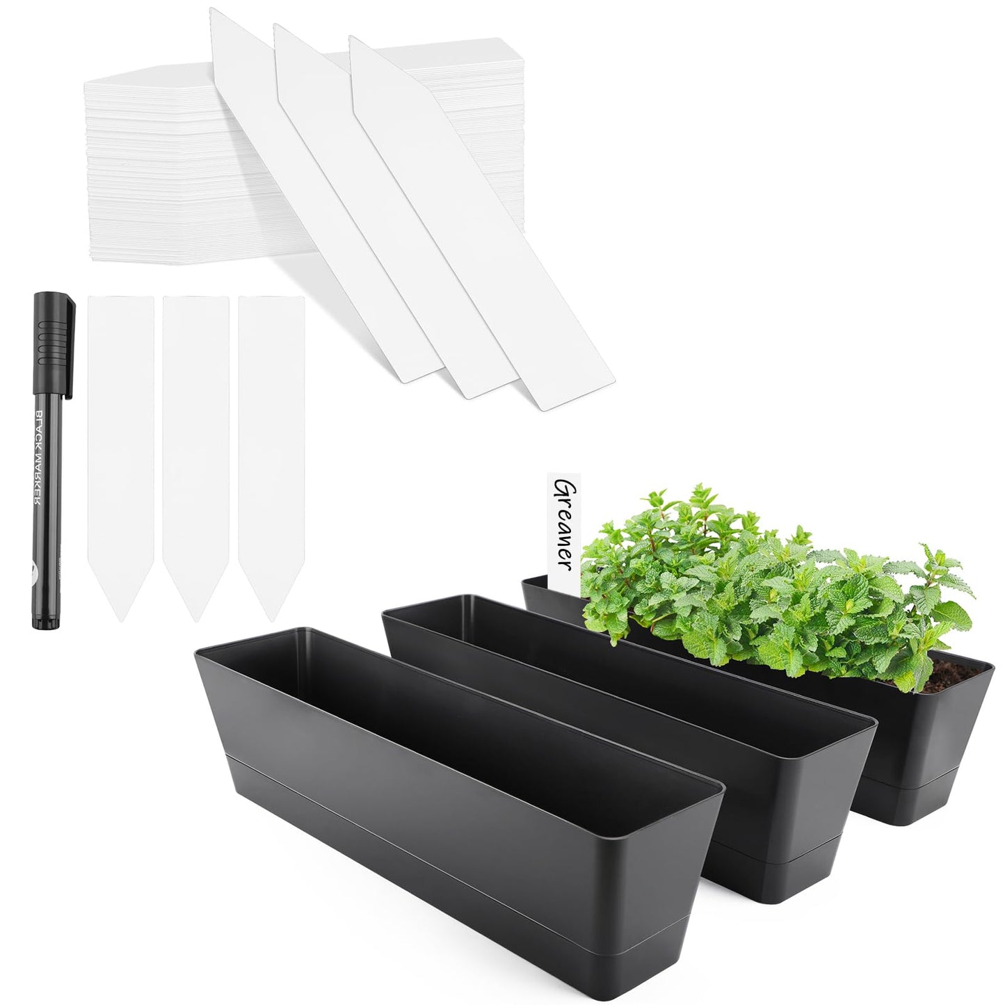 GREANER Window Boxes Planters with 4inch White Plant Label, 3PCS 16x3.8 Inch Black Rectangle Planters Box with Drainage Holes and Trays, Herb Succulents Flowers Plastic Pot for Windowsill, Garden, Bal