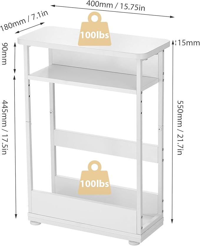 Narrow Side Table, 3-Tier Slim End Table