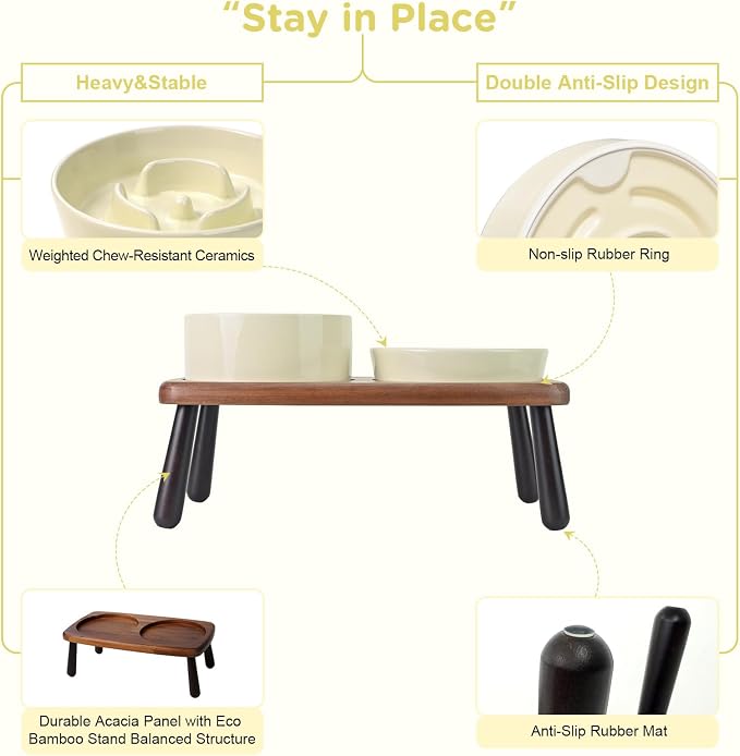 SPUNKYJUNKY Ceramic Elevated Dog Bowls with Slow Feeder Raised with Acacia Bamboo Wooden Stand, 6.1'' Dog and Cat Food Water Bowls Set Non-Slip for Small Medium Sized Breed - Beige