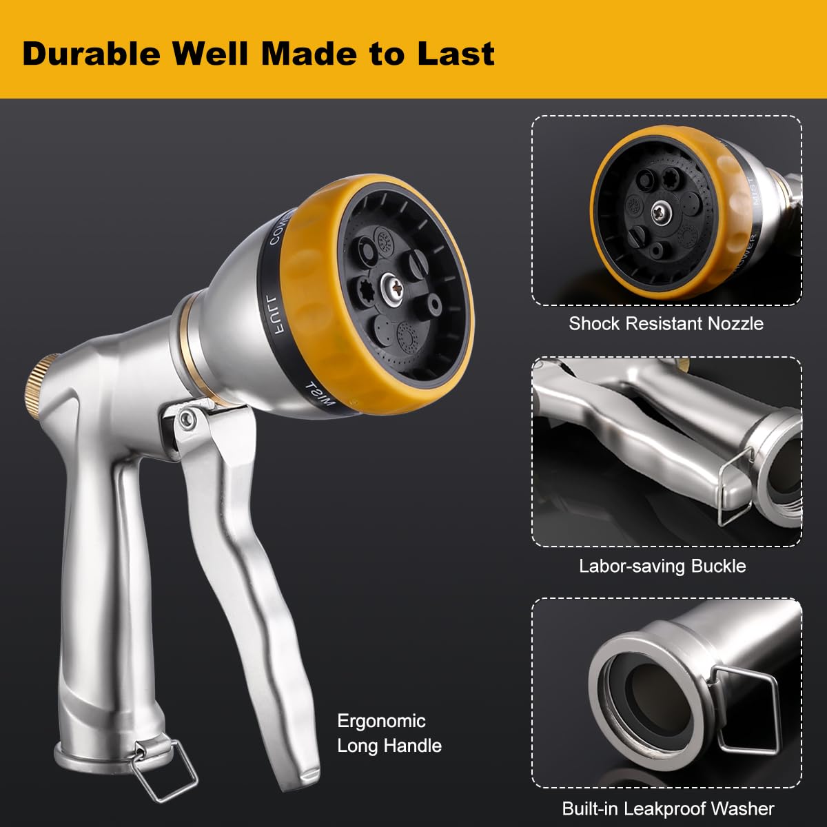 FANHAO Garden Hose Nozzle Heavy Duty, 100% Metal Water Hose Nozzle Sprayer High Pressure Spray Nozzle with 7 Spray Patterns for Watering Garden, Washing Cars and Showering Pets