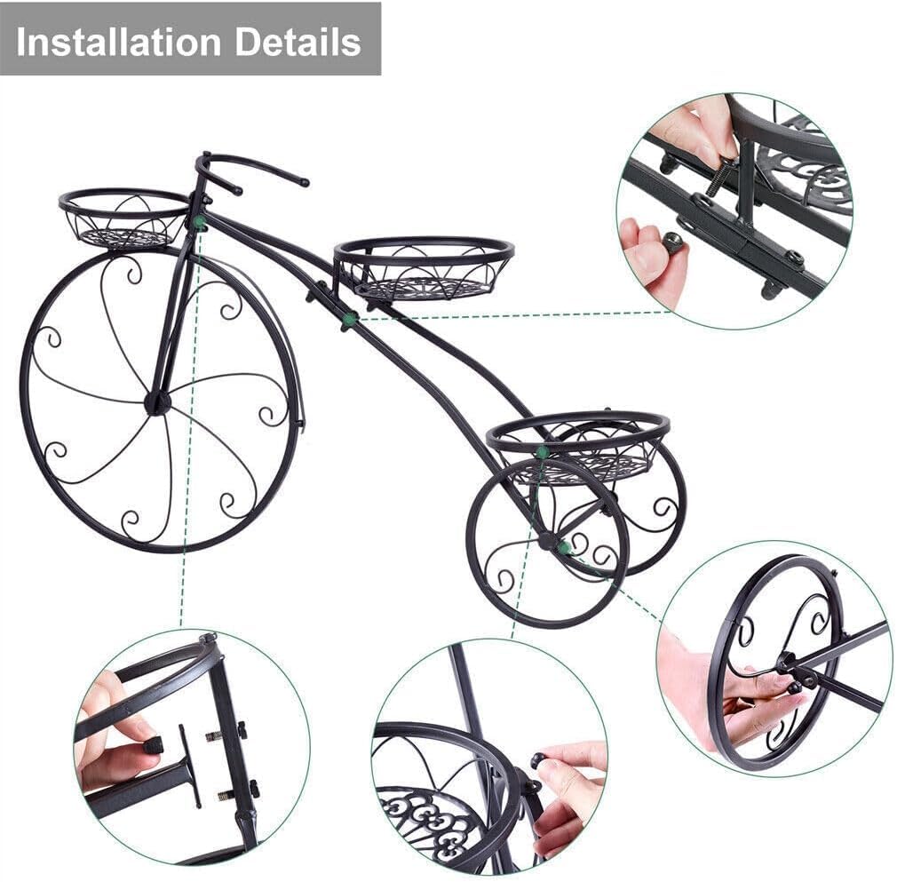 NBJGTFOF Metal Tricycle Planter with 3 Flower Baskets | Outdoor Garden Decor | Free Standing Floral Stand for Patio, Yard, or Veranda
