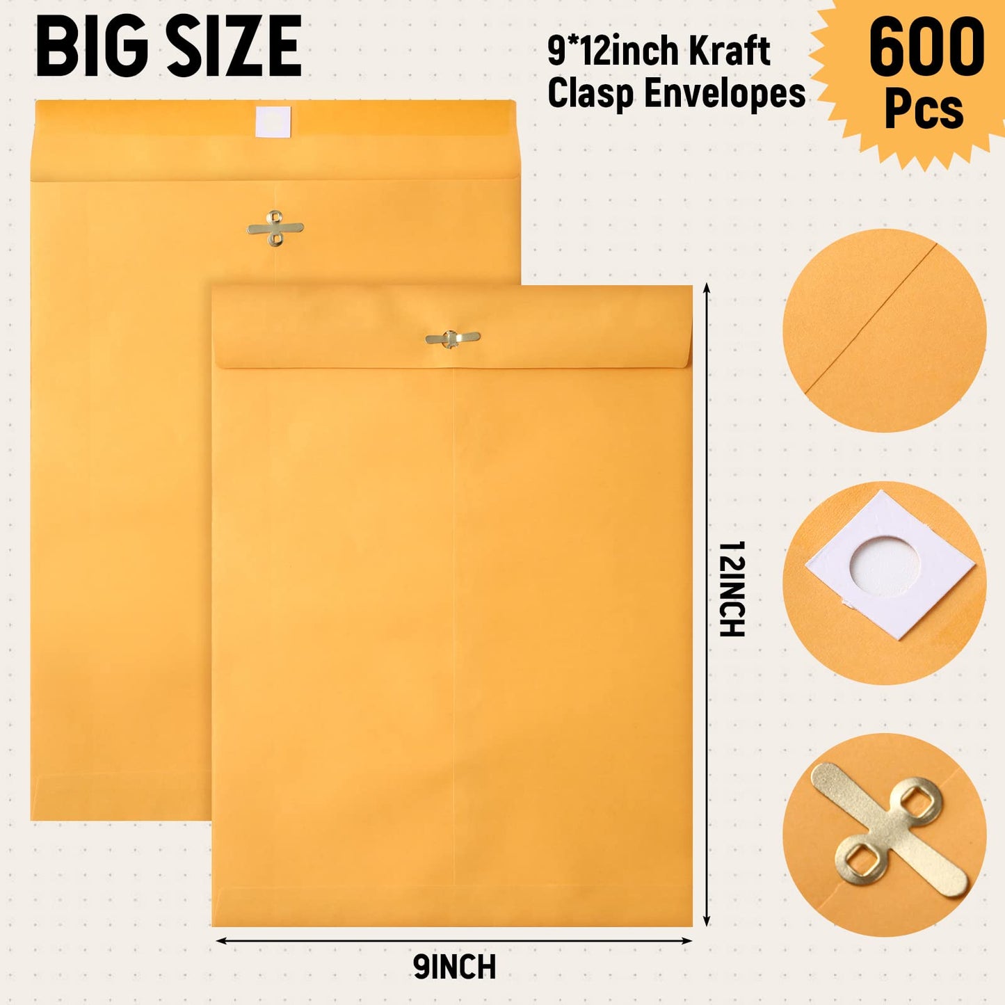Ctosree 600 Pcs Manilla Envelopes Clasp Envelopes Bulk Brown Kraft Catalog Letter with Clasp Closure and Gummed Seal 28lb Heavyweight Paper (9 x 12 Inch)