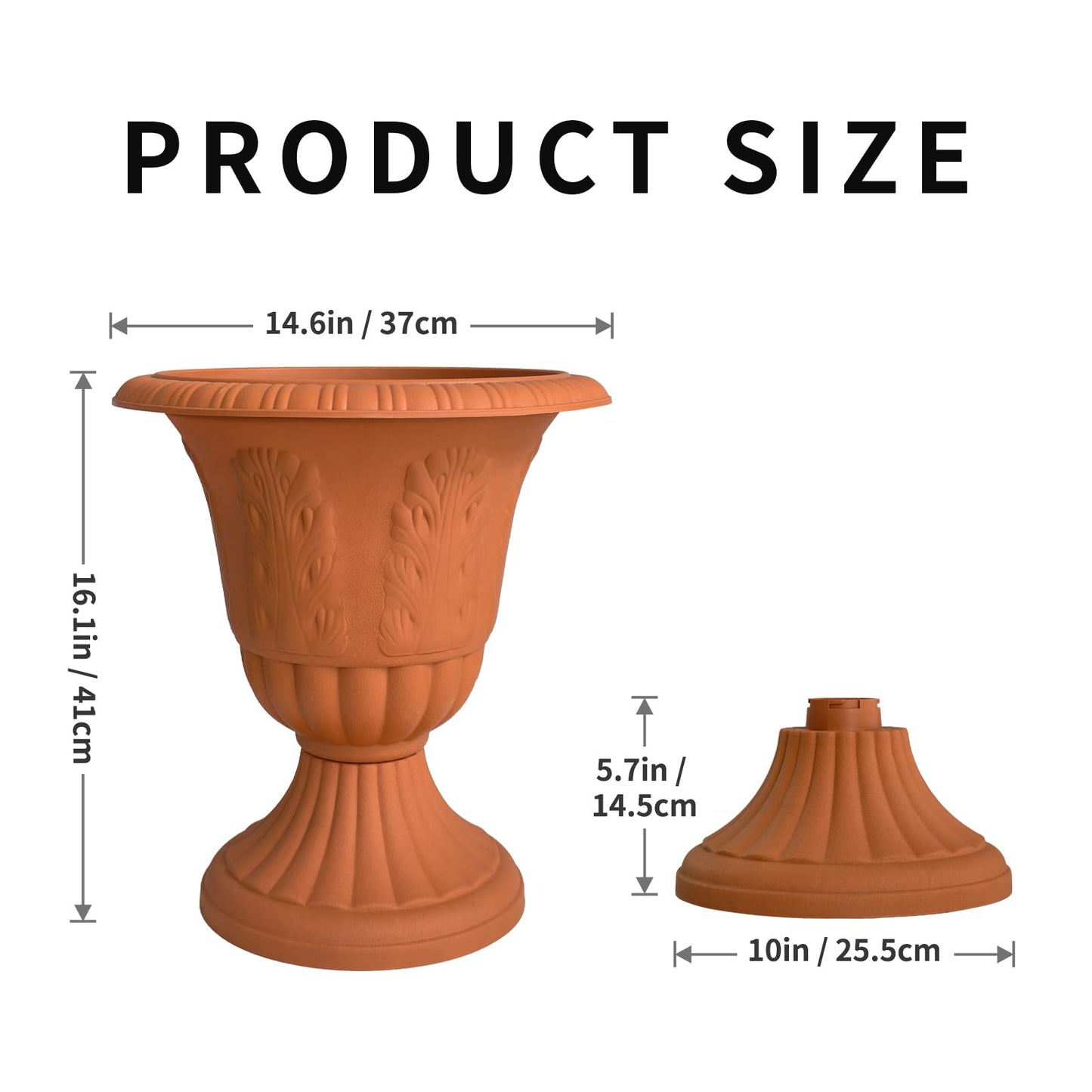 OUMUHE Set of 2 Goblet-Shaped Plastic Planter Urns, 16" H × 14.5" D Large Lightweight Durable Flower Pots, Decorative Indoor Outdoor Garden Patio Plant Containers (Terracotta)