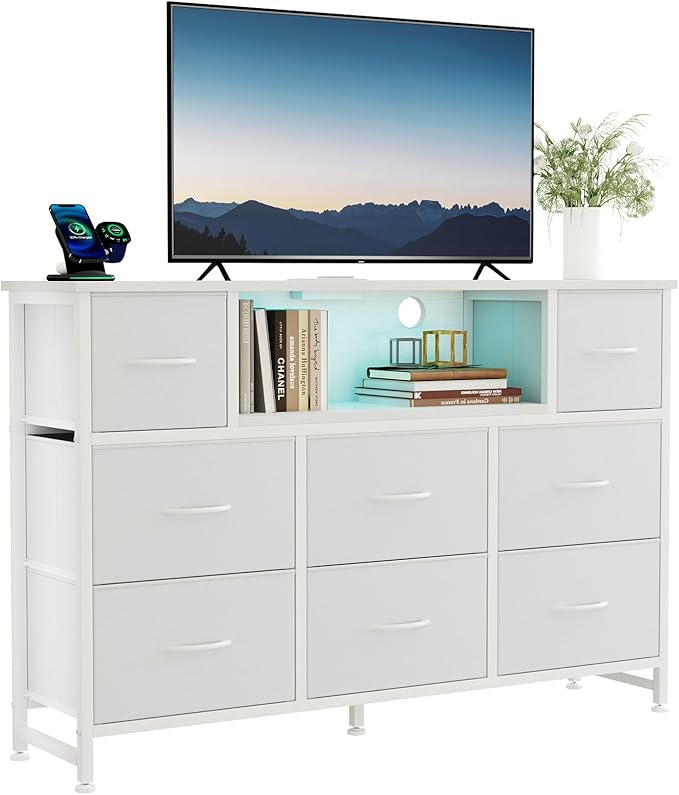DUMOS TV Stand Dresser with 8 Fabric Drawers and Open Shelves, LED