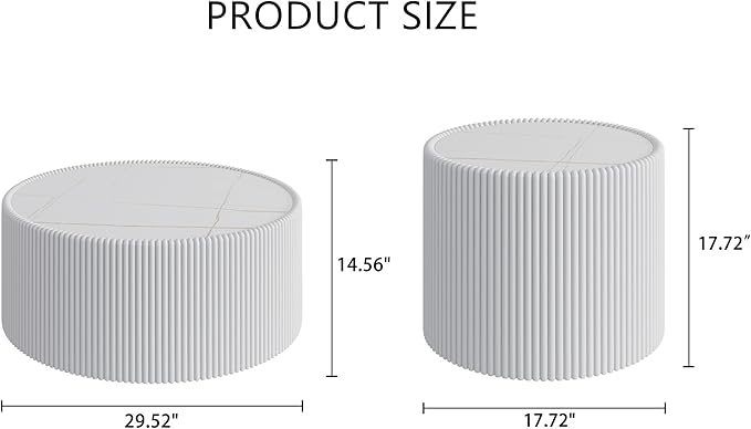 White Marble Coffee Table Set of 2, 29.52" Round Flued Coffee Table and End