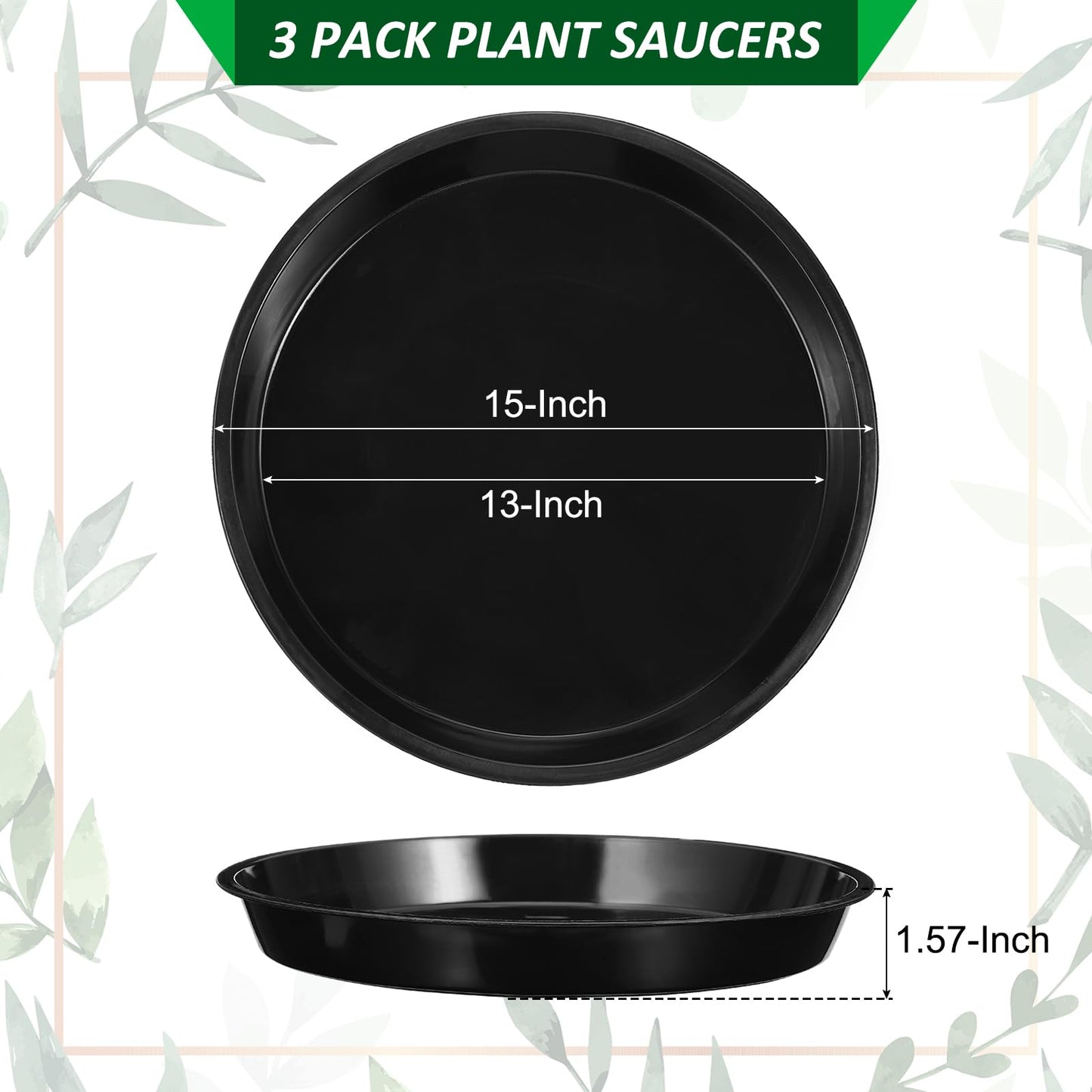 PATIKIL 3 Pack Plastic Plant Saucer, 15 Inch Plant Tray for Pots Round Plant Dish Plant Drip Trays Water Tray for Indoors Outdoors Garden, Black