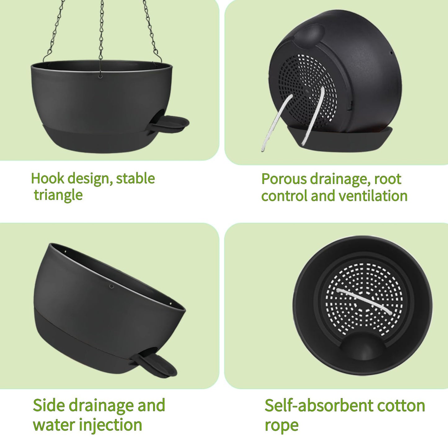 CNLBO 12 Inch Self Watering Hanging Planters 2 Pack, Indoor Outdoor Hanging Pots for Plants with Drainage Holes & Saucers, Black Plastic Hanging Baskets for Kitchen Balcony Garden