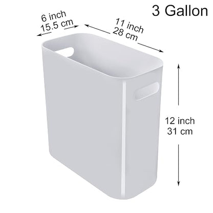 Youngever 2 Pack 3 Gallon Slim Trash Can, Plastic Garbage Container Bin, Trash Bin with Handles for Home Office, Living Room, Study Room, Kitchen, Bathroom (Grey)