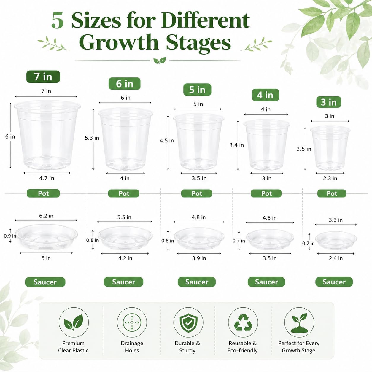 TESSTSY 30 Pack 7/6/5/4/3 Inch Clear Nursery Pots with Drainage and Saucer, Plastic Pots for Planter, Clear Potting Pots for Succulents, Flower, Small Herbs, Indoor Outdoor Gardening