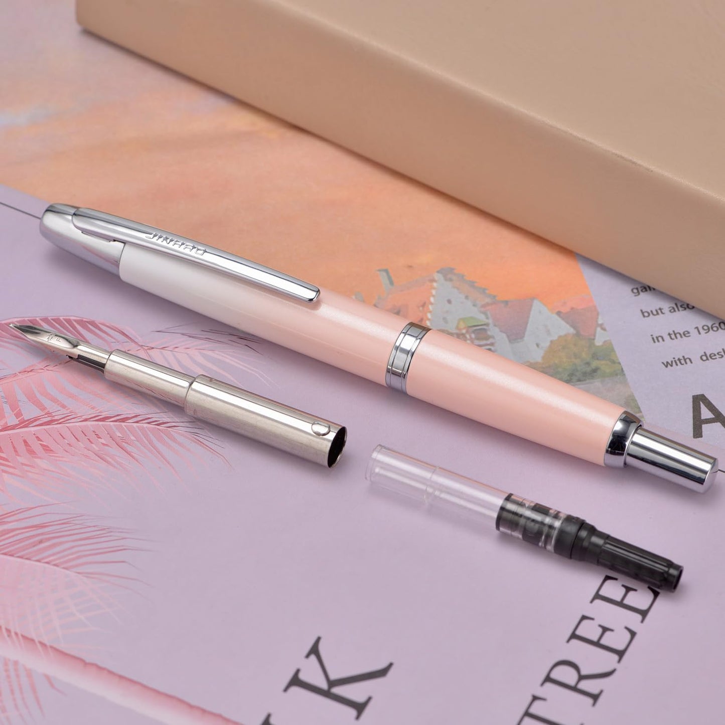 Jinhao 10 Press Fountain Pen with Box, Gradient Peach Pink Retractable Extra Fine Nib with Ink Converter Set (Silver Clip)