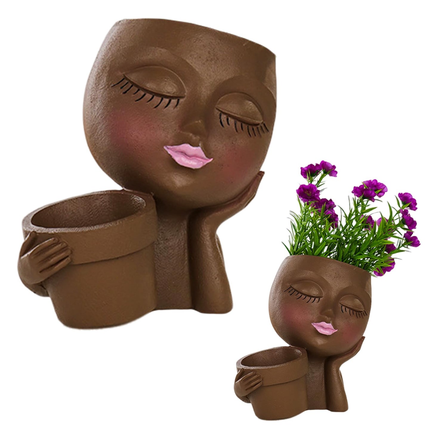 IUYYPU Face Planter for Succulents, Resin Lady Head Pot with 2 Planting Pockets and Drainage Holes, Approx. 6.3 x 4.3 x 6.7 in, Openings 3.2 in & 2.4 in, Brown