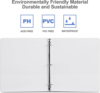 3 Ring Binder 1 Inch, ViVin Sturdy 1"-Round Ring Binder with 2 Interior Pockets, Clear View Cover, PVC-Free, Fits 200 Sheets of 8.5'' x 11'' Paper, Office Home School (12 Pack, White)