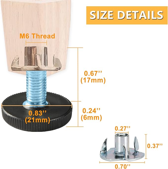 24 PCS M6 Thread Adjustable Furniture Levelers Screw in Threaded, Steel Screw