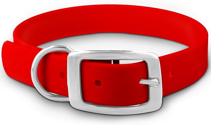 Regal Dog Products Large Red Dog Collar with Heavy Duty Double Buckle & D Ring | Vinyl Coated, Custom Fit, Adjustable Biothane Dog Collar Chew Resistant Waterproof Collar for Dogs