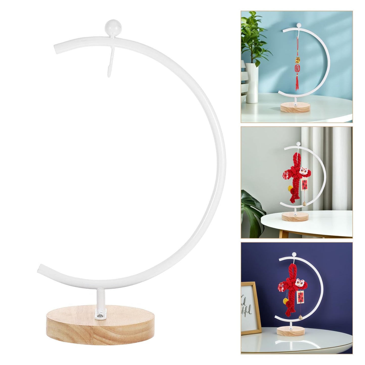 ERINGOGO G-shaped Hanging Ornament Display Stand with Wooden Base Metal Hook Rack for 12-20cm Glass Ball Terrariums Indoor Air Plant Holder Home Decor