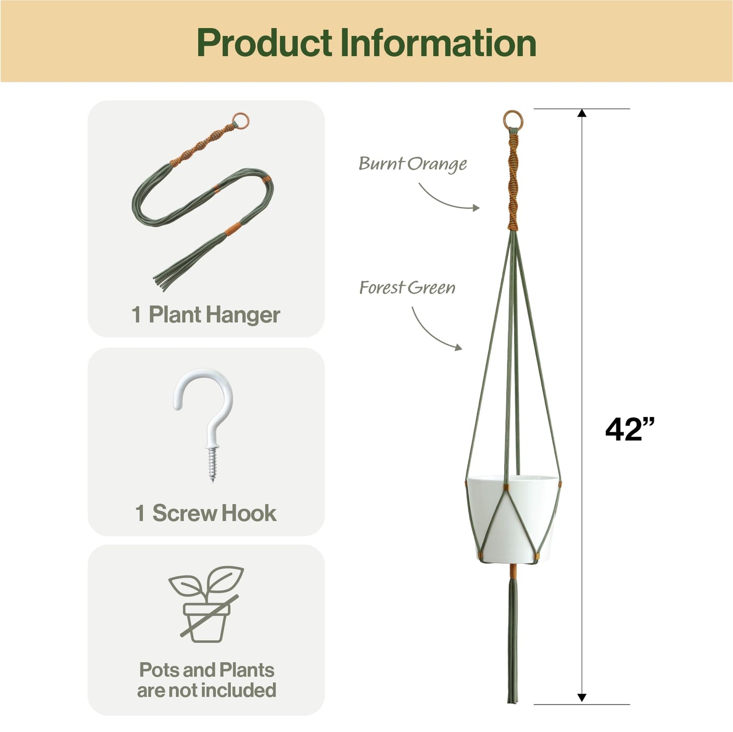 LET BE Macrame Plant Hanger Polyester Rope 42 Inch Outdoor Indoor Adjustable Hanging Planter for up to 10 Inch Plant Pot Modern Boho Home Decor (1, Forest Green/Burnt Orange)