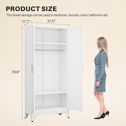 winiowa Metal Armoire Wardrobe Closet with 2 Doors, 71" Wardrobe Cabinet with Adjustable Shelves and Hanging Rod, Clothing Storage Cabinet Closet for Bedroom-White