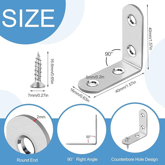 16 Pcs L Bracket Stainless Steel Corner Brace Sets, 90 Degree Right Angle