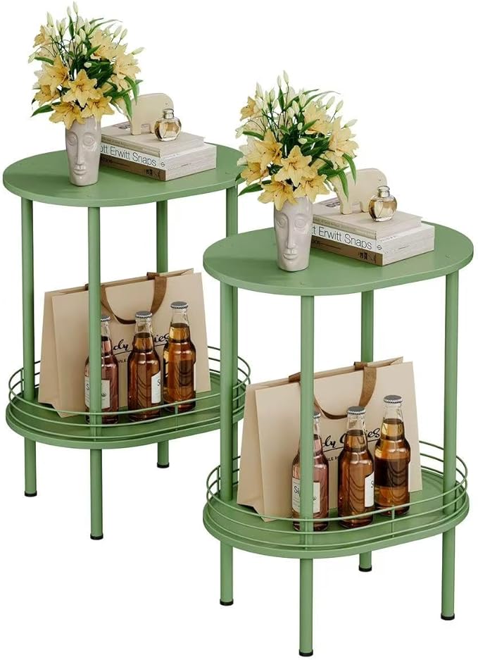 Green Side Table Set of 2, Small Modern Round Side Table