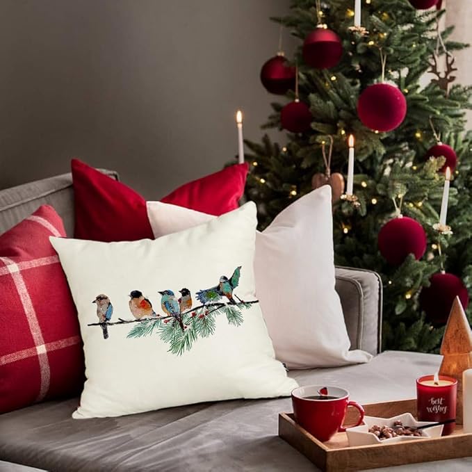 RABUSOFA Christmas Outdoor Pillow Covers Waterproof 18x18 Inch Birds Christmas