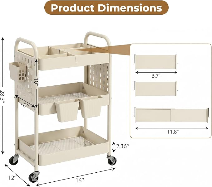 danpinera 3 Tier Rolling Cart with Retractable Dividers, Multi-Functional White Rolling Utility Cart with Pegboards, Hooks & Hanging Cups for Nursery, Living Room, Studio