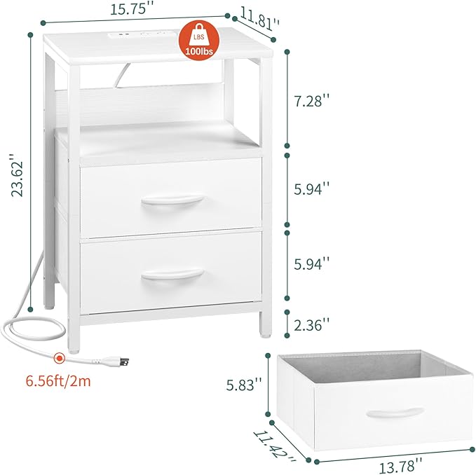 Yoobure Nightstand with Charging Station, LED Night Stand with Fabric Drawers