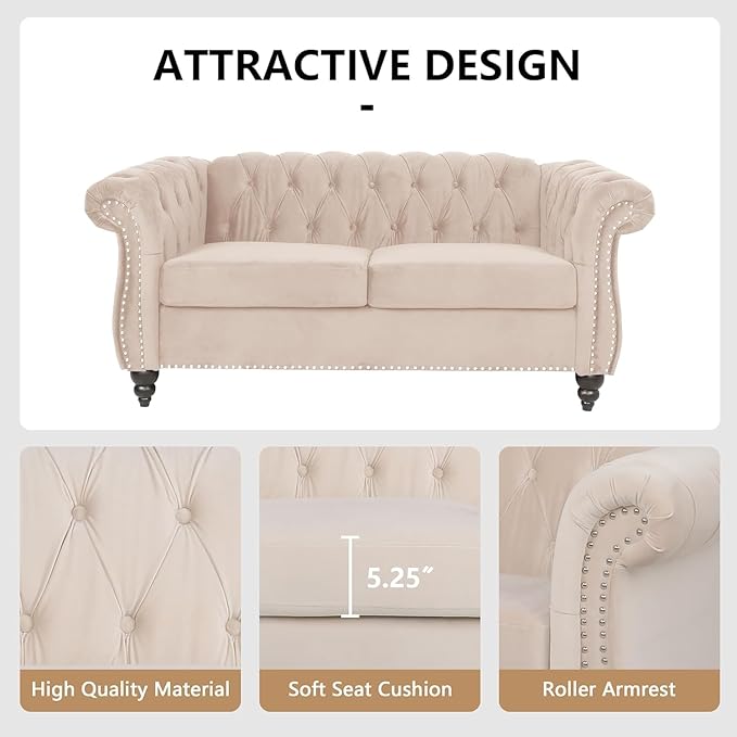 Mid-Century 2 Seater Sofa, Velvet Loveseat