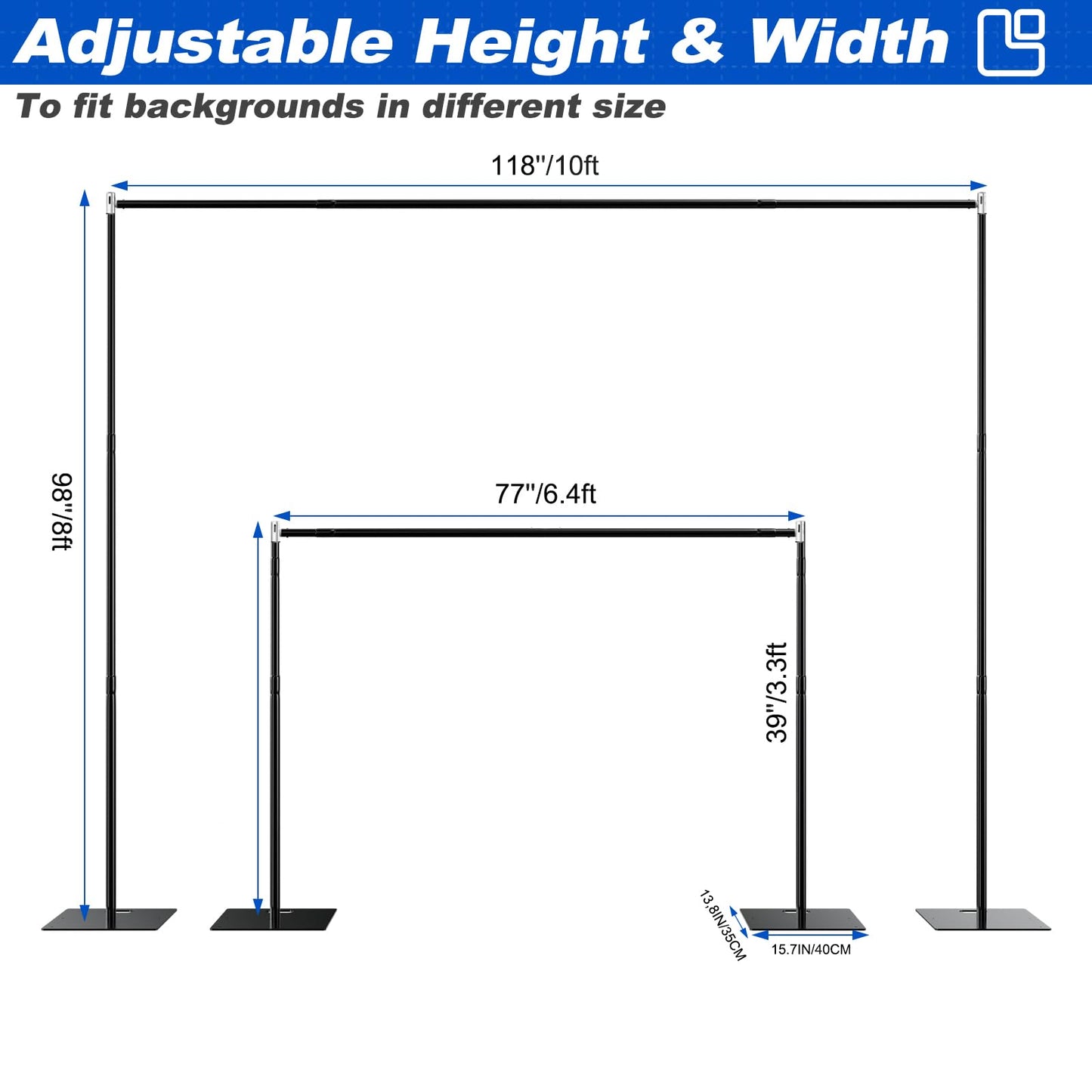 Kinchoix Pipe and Drape Backdrop Stand 8ftx10ft Adjustable Background Support System Heavy Duty Background Stand for Wedding Banquet Decorations Black