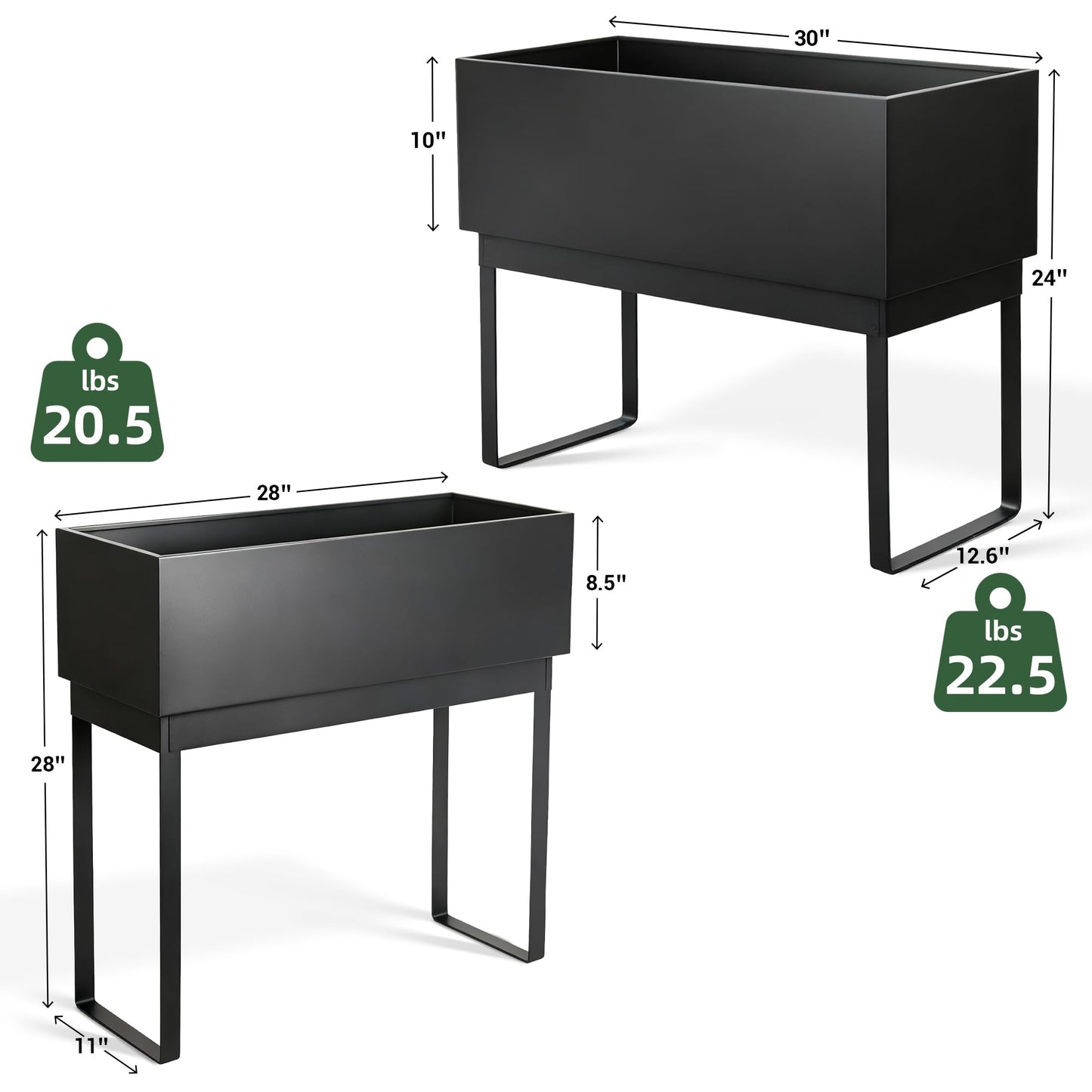 Worth Set of 2 Raised Metal Planter Box with Legs, Large & Small Matte Black Galvanized Steel Elevated Garden Beds with Drainage Hole & Plug for Vegetables, Flowers & Herbs, Indoor & Outdoor Use