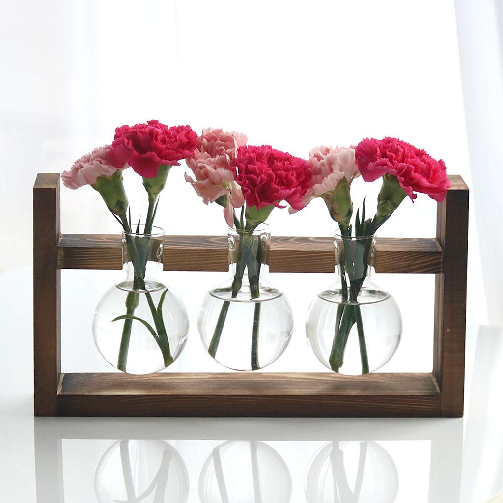 Kingbuy Glass Plant Terrarium with Retro Wood Stand – 3 Bulbs Propagation Station, Indoor Garden Planter & Bulb Vase, Desktop Decor for Home Kitchen Wedding, Gift for Women and Plant Lovers