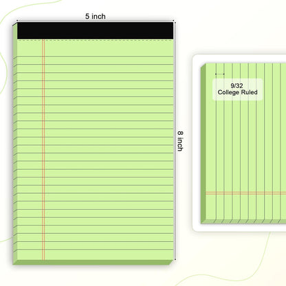 6pcs Small Note Pad 5x8 College Ruled Green Legal Pads Paper Notepads 6 Pack Study Back Writing Pads 5 x 8 Legal Pads Perforated Narrow Ruled Pads of Paper Green