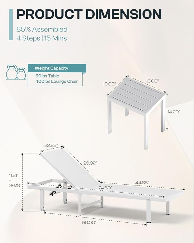 Pool Lounge Chairs Set of 2, Aluminum Outdoor Lounge Chairs