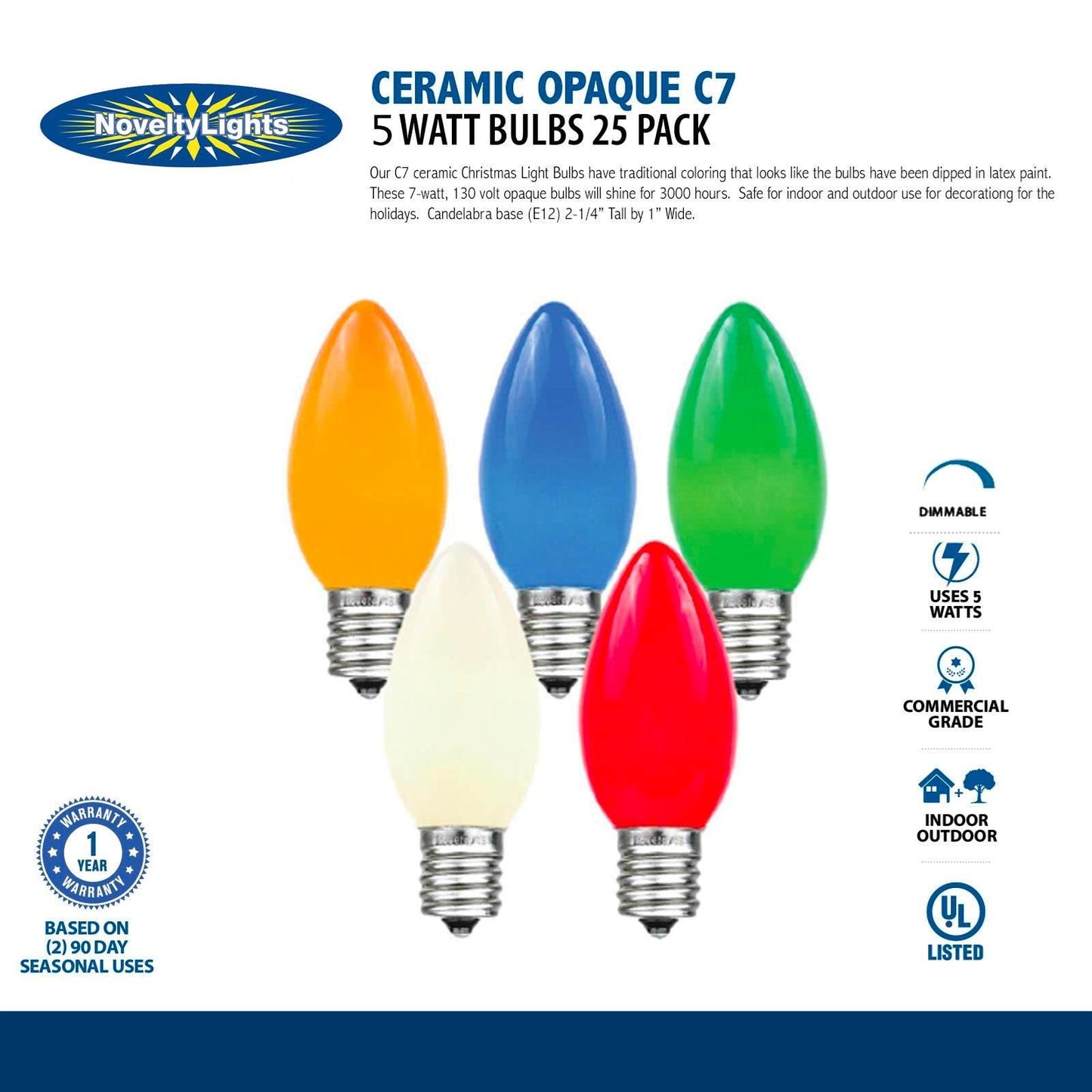 Novelty Lights Ceramic Christmas Replacement Bulbs - Outdoor Individual Bulbs for Events, Holiday Parties, Patios, and More - C7/E12 Candelabra Base, 5 Watt Lights (Blue, 25 Pack)