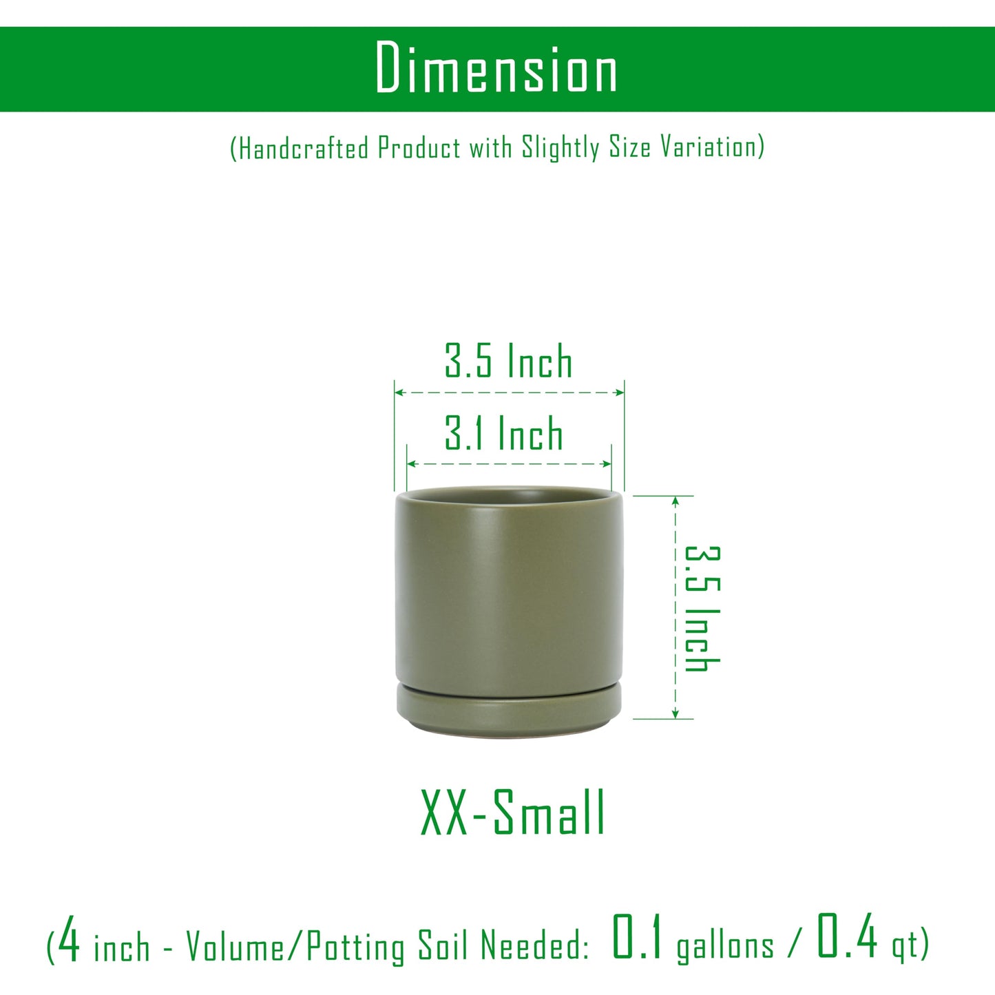 D'vine Dev Set of 2 Plants Pots, 3.5 Inch Ceramic Planter Pot for Plants with Drainage Hole and Saucer, Olive, 94-V-A-J