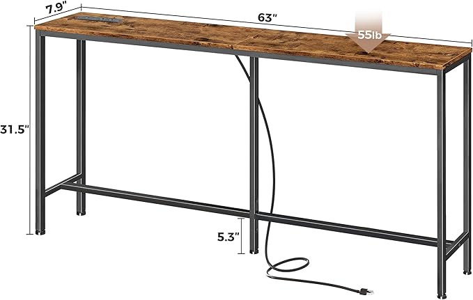 SUPERJARE Console Table with Outlet, 63 Inch Sofa Table with Charging Station