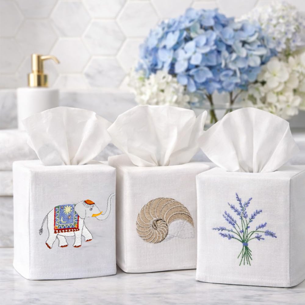 Jacaranda Living Square Tissue Box Cover, Linen/Cotton Fabric Tissue Holder, Decorative Cloth Tissue Cube Cover, Animal Designs Feathered Peacock (Turquoise, Pewter)